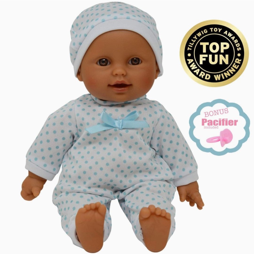 11-inch Hispanic baby doll wearing a blue polka-dotted outfit and matching hat, with a bonus pacifier included. Award-winning toy.