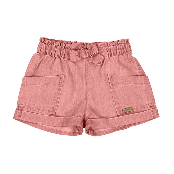 Pink blue jean shorts with faux bow tie and pockets. 