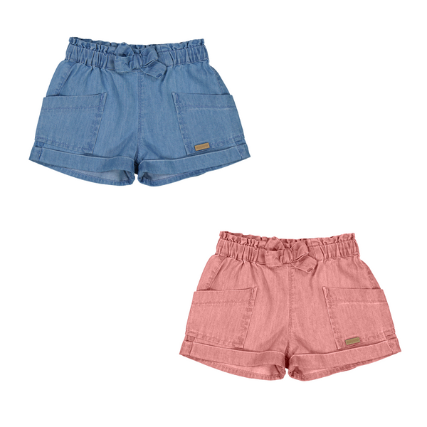 Blue jean shorts with a faux bow tie and pockets in the front. 