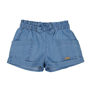 blue jean shorts with faux bow tie and pockets. 