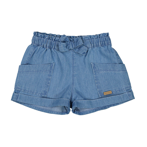 blue jean shorts with faux bow tie and pockets. 