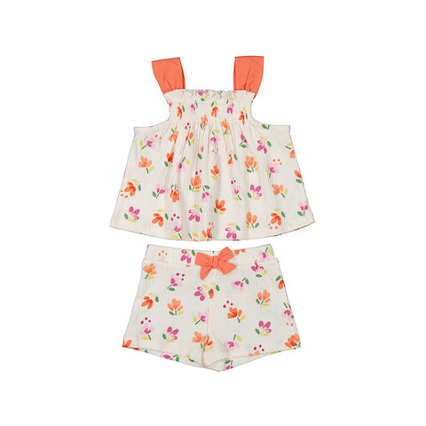 white top with orange, pink, and  yellow floral with orange sleeves and matching shorts. 