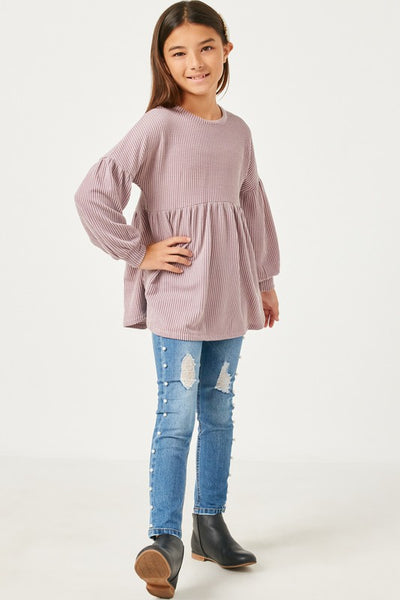 Mauve Textured Stripe Baby Doll Long Sleeve Top