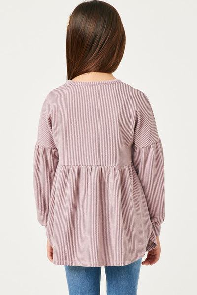 Mauve Textured Stripe Baby Doll Long Sleeve Top