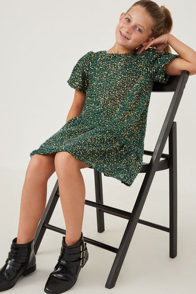 Sequined Asymmetric Hem Puff Sleeve Dress