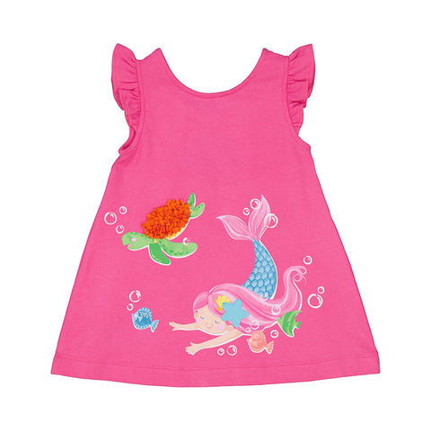hot pink sleeveless dress with a mermaid, turtle, and fish on the front. 