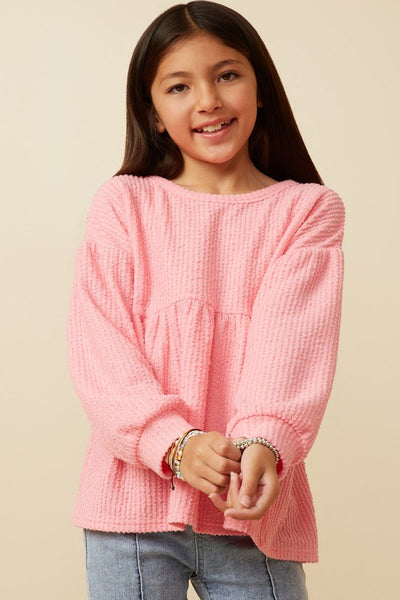 Pink Textured Rib Puff Sleeve Peplum Knit Top