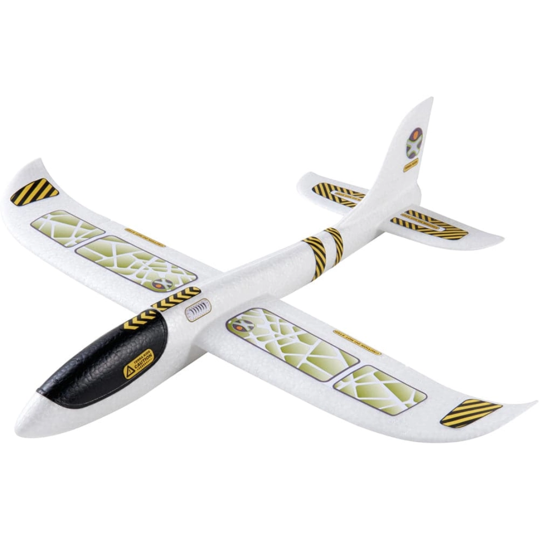 White and black foam hand glider with green and yellow accents and a 19-inch wingspan.