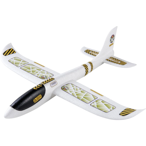 White and black foam hand glider with green and yellow accents and a 19-inch wingspan.