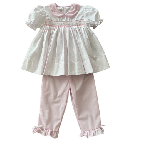 Pink Smocked Top & Gingham Ruffle Pant Set