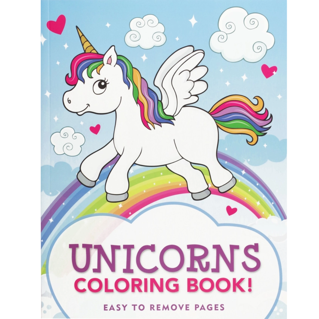Unicorns Coloring Book with 35 whimsical pages featuring unicorns, rainbows, and magical scenes. 8.5” x 11”, perforated pages.