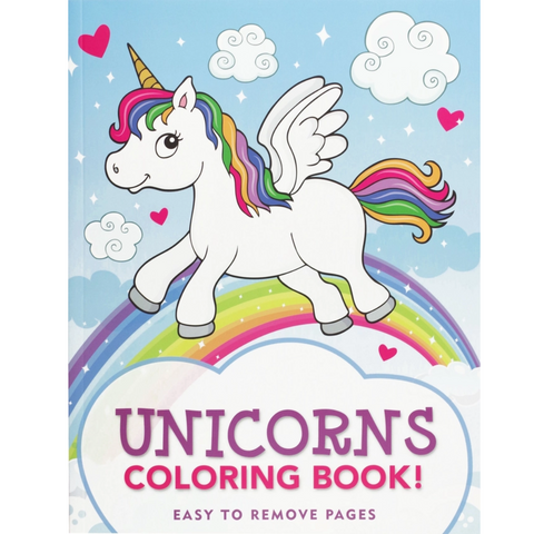 Unicorns Coloring Book with 35 whimsical pages featuring unicorns, rainbows, and magical scenes. 8.5” x 11”, perforated pages.