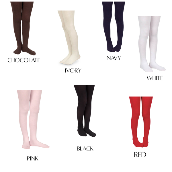 Collection of tights in various colors with labels on a white background