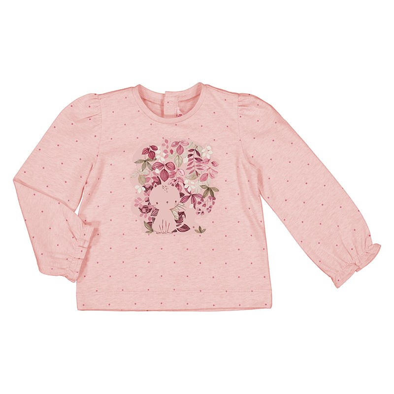 long sleeve pink shirt with cat with leaves on it