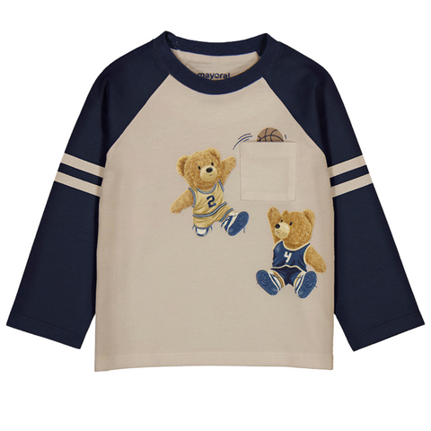Cream and navy long sleeve toddler shirt with teddy bears playing basketball and varsity stripes on sleeves.

