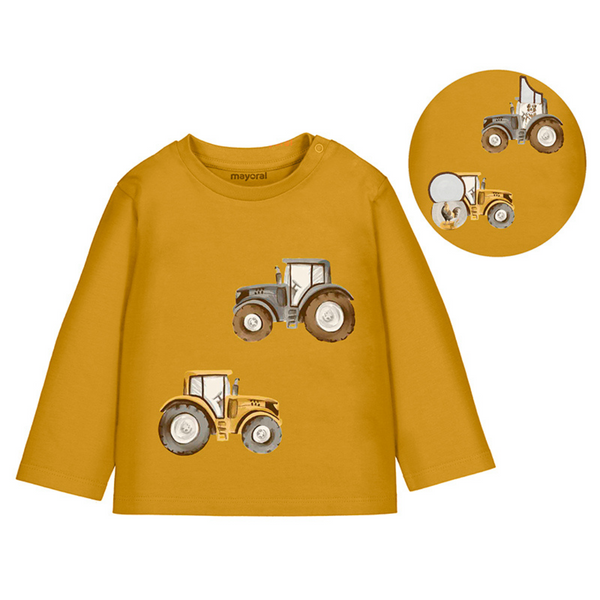 Mustard yellow long sleeve toddler shirt with tractor graphics and a lift-the-flap interactive detail on the front.








