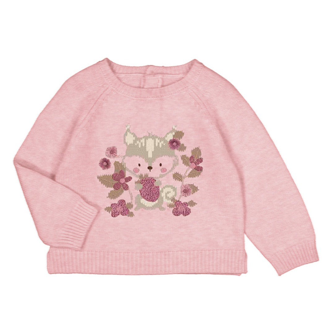 soft pink sweater with a cute floral and squirrel woven print. 