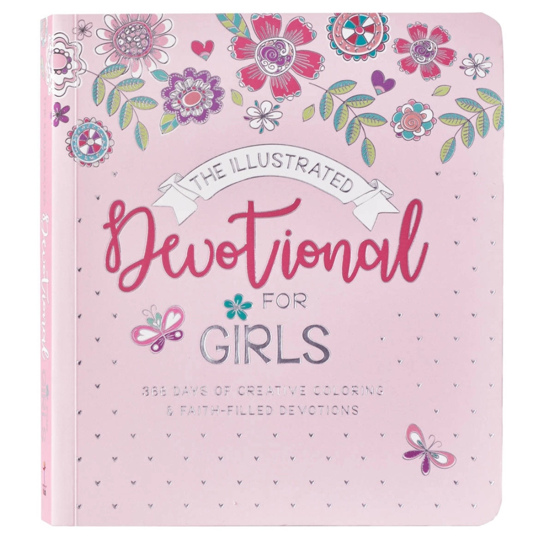 Illustrated Devotional for Girls with pink floral softcover and butterflies, featuring 366 devotionals and creative coloring pages for ages 8–12.

