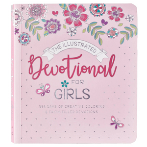 Illustrated Devotional for Girls with pink floral softcover and butterflies, featuring 366 devotionals and creative coloring pages for ages 8–12.


