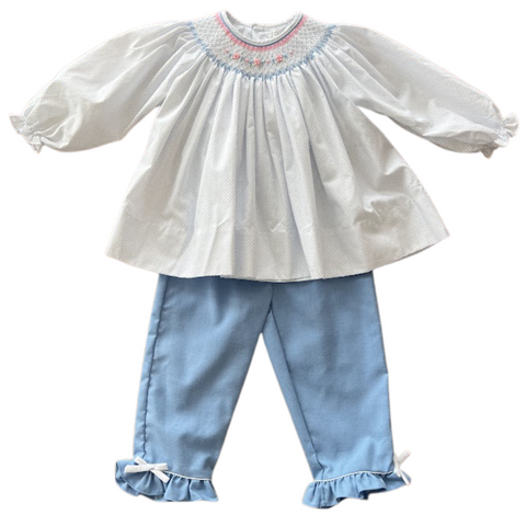 Blue Dot Smocked Top & Ruffle Pant Set