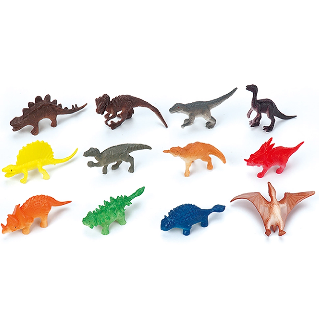 Assorted colorful 2-inch dinosaur figurines arranged in rows, featuring multiple species in bright shades.