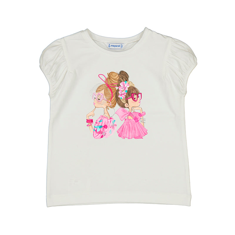 white t-shirt with two girls on the front. 
