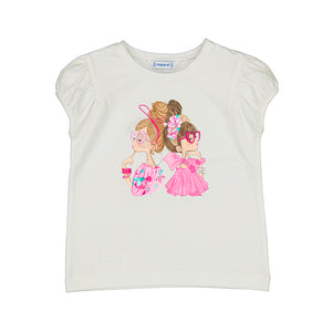 white t-shirt with two girls on the front. 