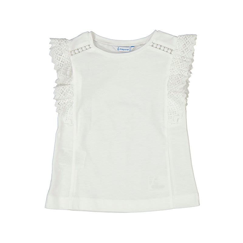 white shirt with lacy ruffle sleeves. 