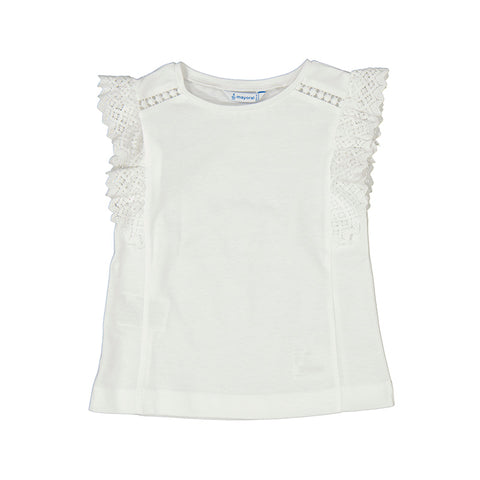 white shirt with lacy ruffle sleeves. 
