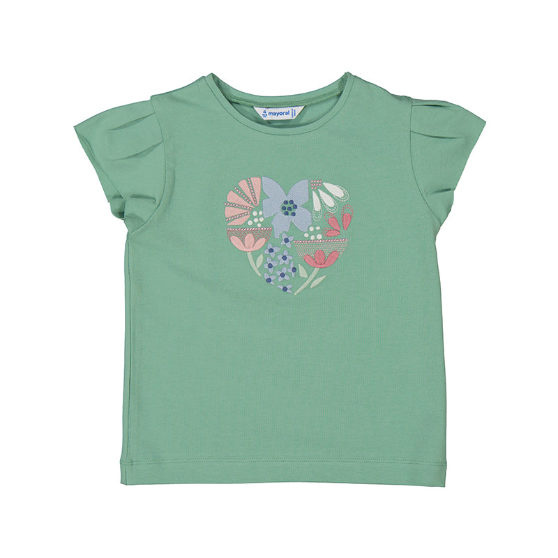 green t-shirt with blue and pink floral in the shape of a heart. 