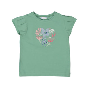 green t-shirt with blue and pink floral in the shape of a heart. 