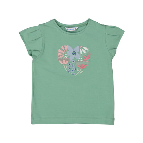 green t-shirt with blue and pink floral in the shape of a heart. 