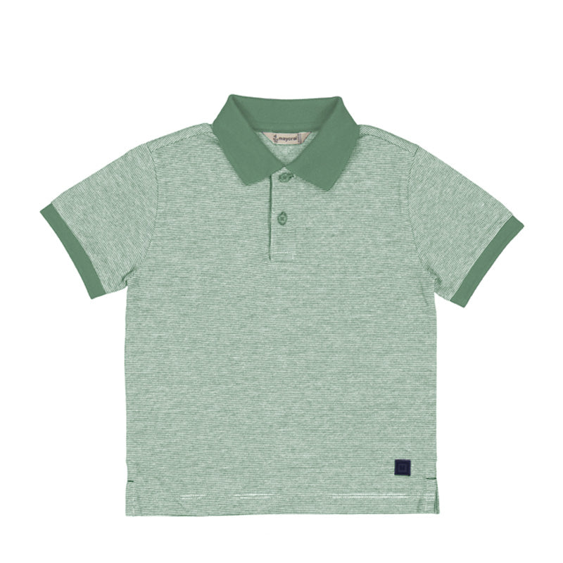 Green short sleeve polo with dark green around collar and arm holes. 