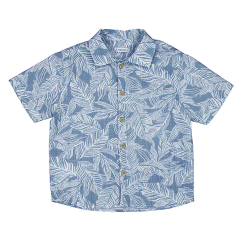 Blue button down short sleeve collared shirt with white leaf print