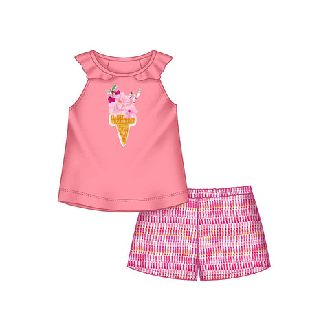 Pink shirt with ice cream cone on the front paired with pink stripped shorts. 