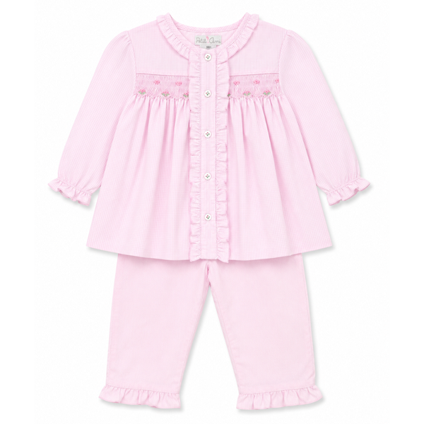 Girls blush pink micro check smocked tunic with floral embroidery, ruffle button-front detail, and matching ruffle hem pants.