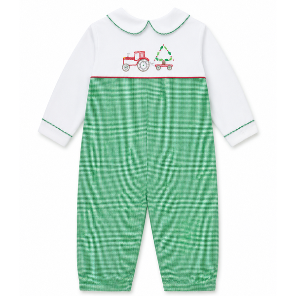 Baby boy green  houndstooth Christmas longall with hand-smocked red tractor pulling a Christmas tree and white Peter Pan collar.