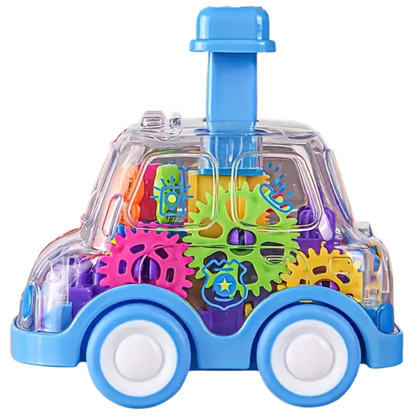 Blue Toy car with colorful gears in a transparent body on a white background