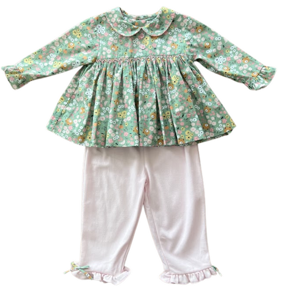 Floral Smocked Top & Pink Ruffle Pant Set