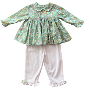 Floral Smocked Top & Pink Ruffle Pant Set
