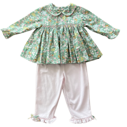 Floral Smocked Top & Pink Ruffle Pant Set