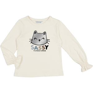 long sleeve cream tee with a sassy cat applique