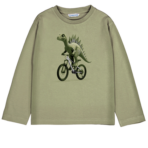 Light green boys’ long sleeve shirt with a graphic of a green dinosaur riding a bicycle on the front

