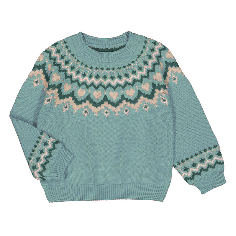 Jade green sweater with a geometric pattern and hearts at the neckline and sleeves