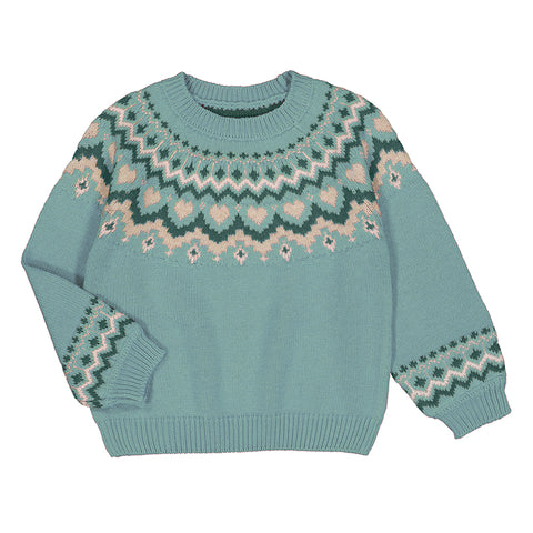 Jade green sweater with a geometric pattern and hearts at the neckline and sleeves