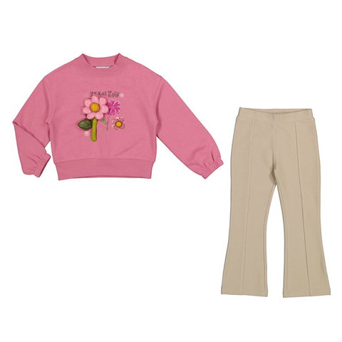 two piece knit set. khaki knit front seamed pant and mauve sweatshirt style top with floral screen print