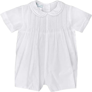 White baby boy collared romper with pintucks and featherstitching in the front and featherstitched accented sleeves 