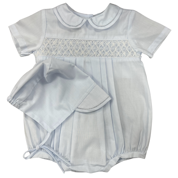 Baby boy romper with smocked details and matching bonnet