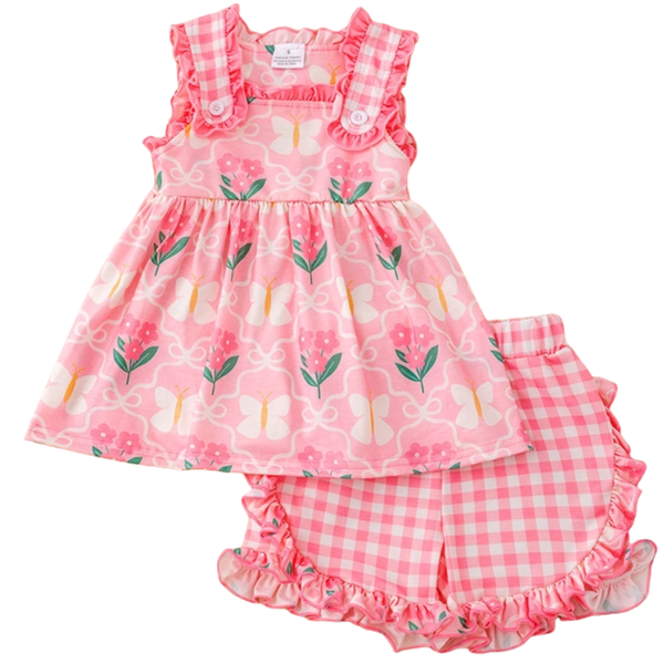Girls pink gingham two-piece outfit featuring butterfly and floral print with coordinating top and bottoms.