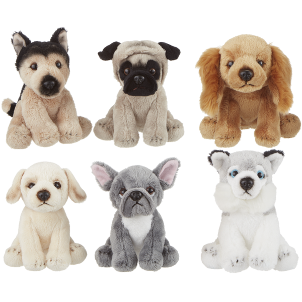 Set of six 5-inch realistic mini heritage dog plush toys including a german shepherd, pug, cocker spaniel, golden lab, french bulldog, and husky.